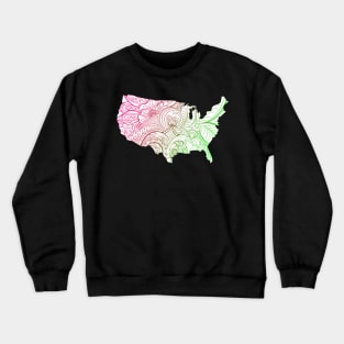 Colorful mandala art map of the United States of America in pink and green on white background Crewneck Sweatshirt